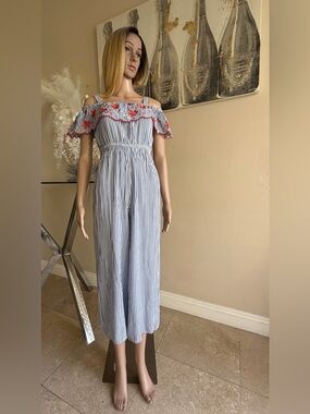Off-Shoulder Blue & White Striped Jumpsuit with Red Floral Trim